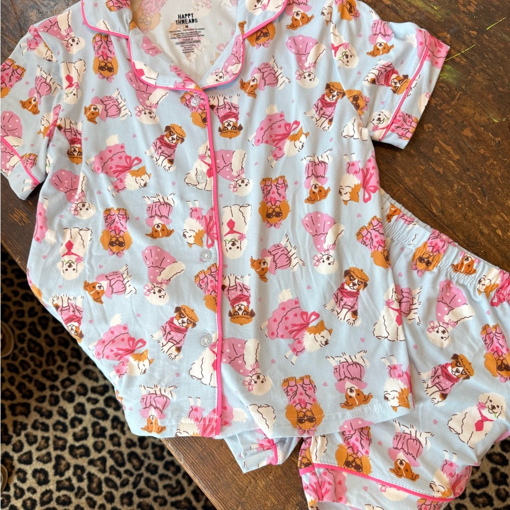 Hanna Andersson Blue Pajama Set with Pink Dog Pattern